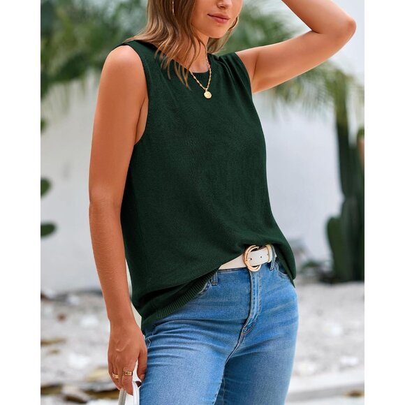 Btfbm Women Green Sleeveless Crew Neck Ribbed Knit Lightweight Pullover Sweaters - Picture 5 of 9